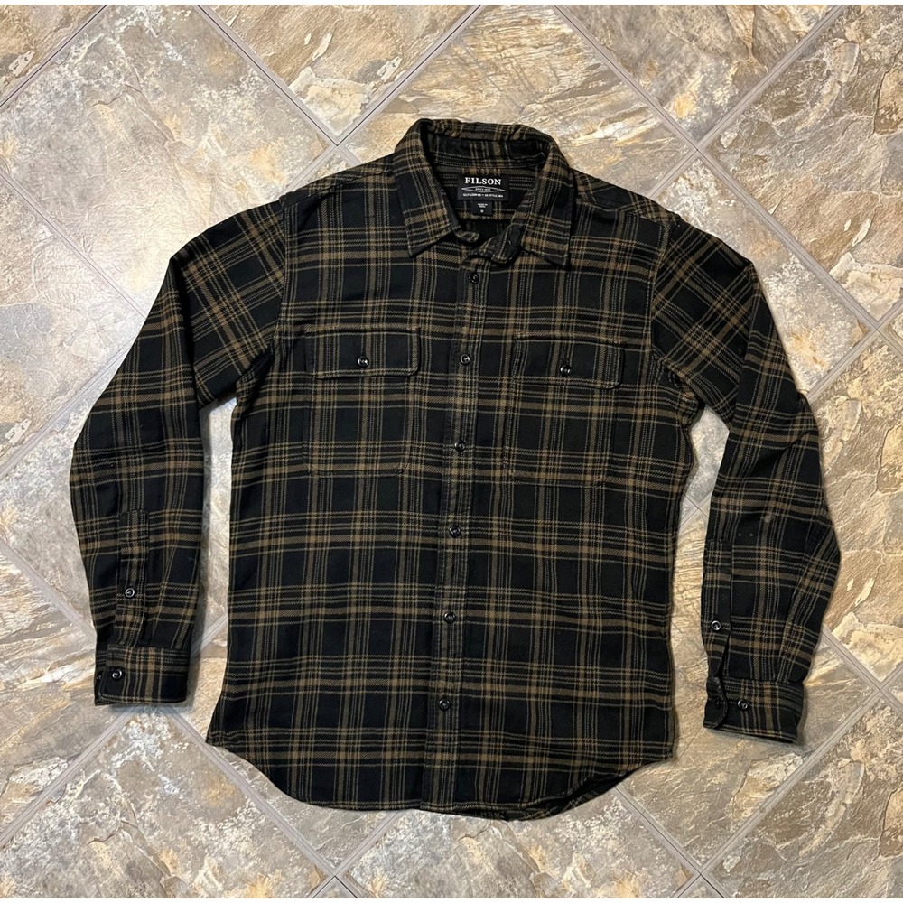 Filson Vintage Flannel Workshirt Mens M Black Olive Plaid Cotton